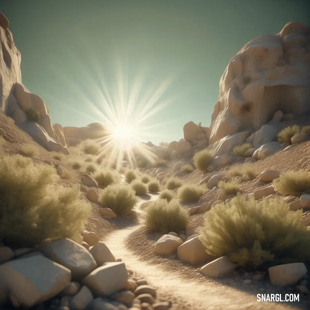 Sun shines brightly over a rocky landscape with grass and rocks on the ground and a trail leading to a rock formation