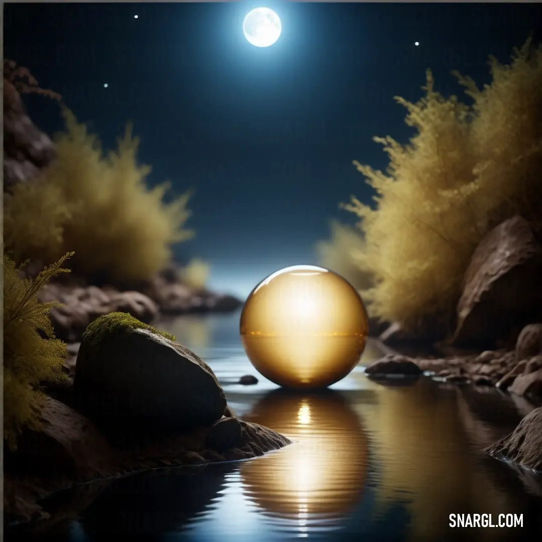 Sphere on top of a river under a full moon sky. Example of CMYK 0,25,60,45 color.