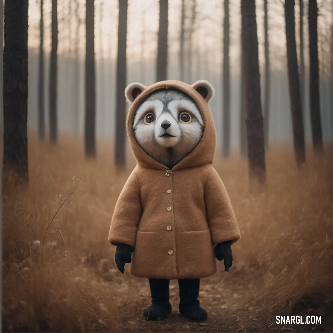 Stuffed animal in a brown coat standing in a forest with tall grass and trees in the background. Example of NCS S 4020-Y30R color.