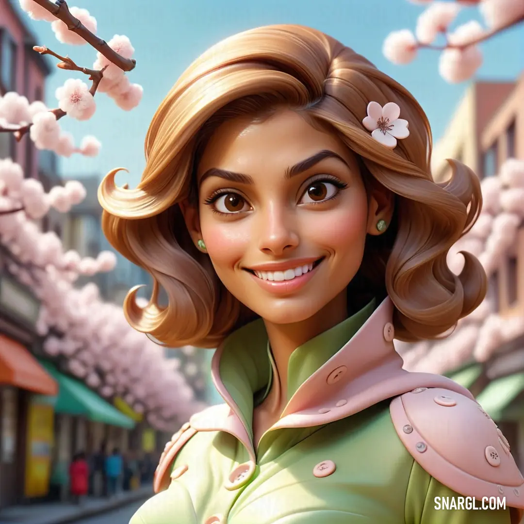 Cartoon girl with a green shirt and pink coat on a city street with cherry blossoms in the background. Example of #996B44 color.