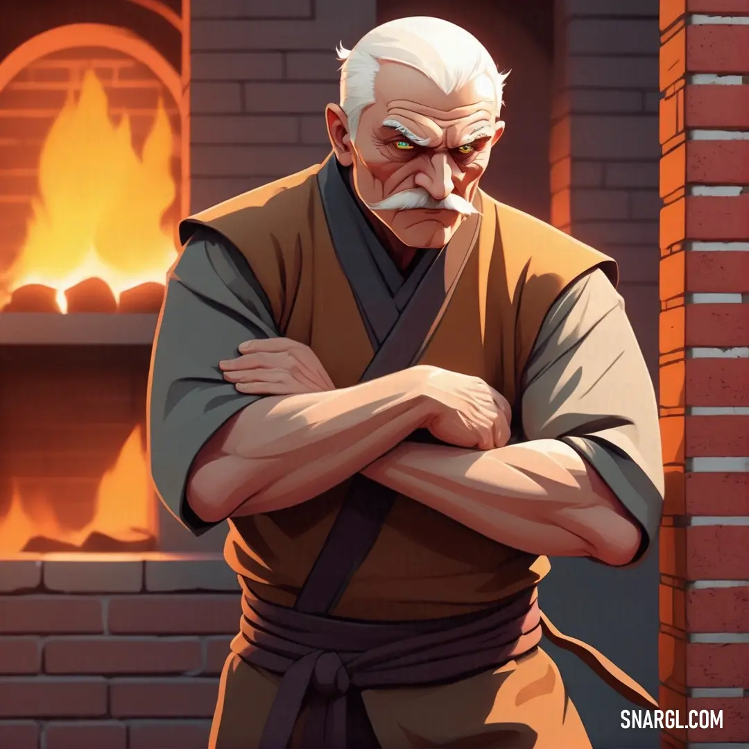 NCS S 4020-Y40R color. Cartoon of a man with a beard and a mustache standing in front of a fireplace with his arms crossed