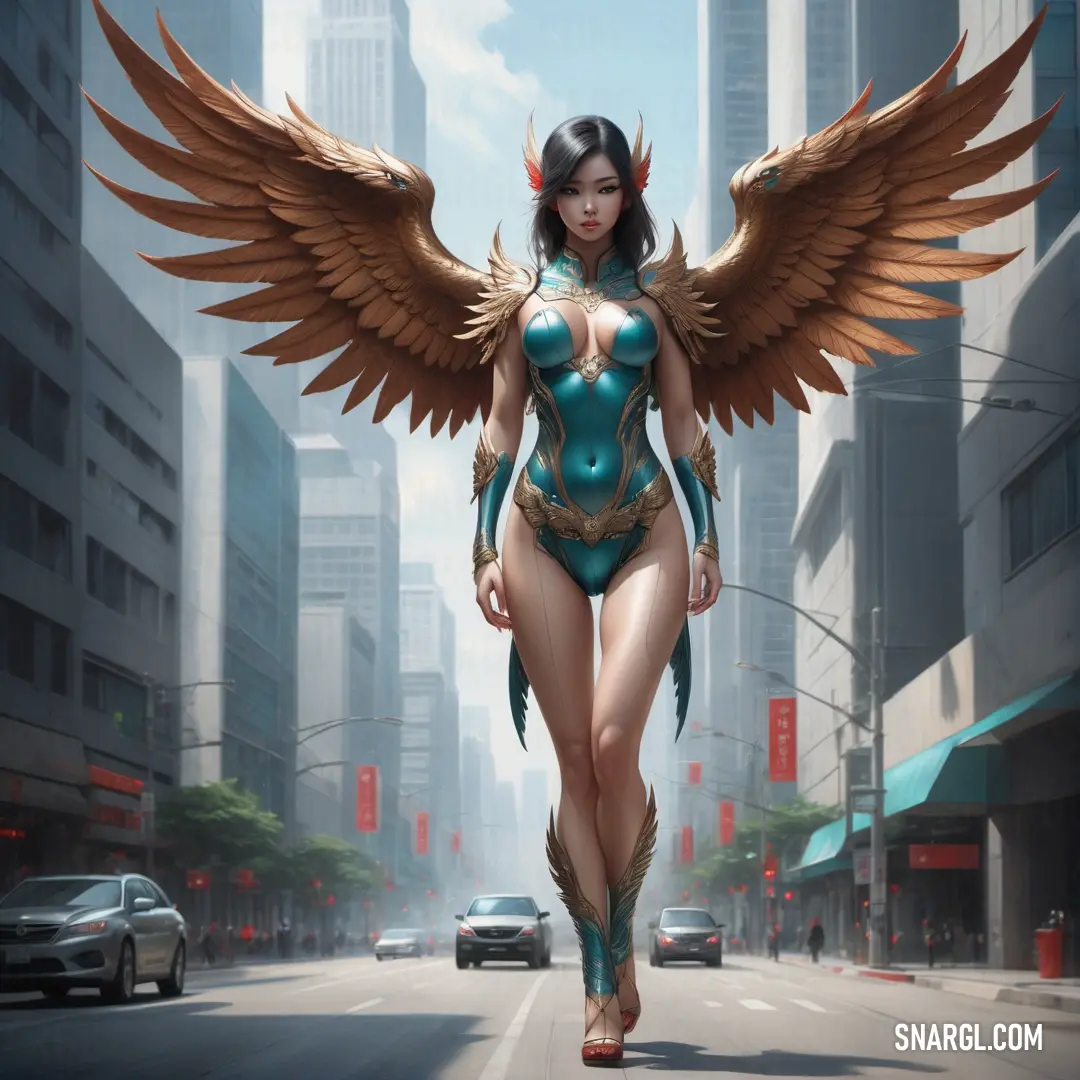 Woman in a blue and gold costume with wings on a city street with cars and buildings in the background. Example of #996B44 color.