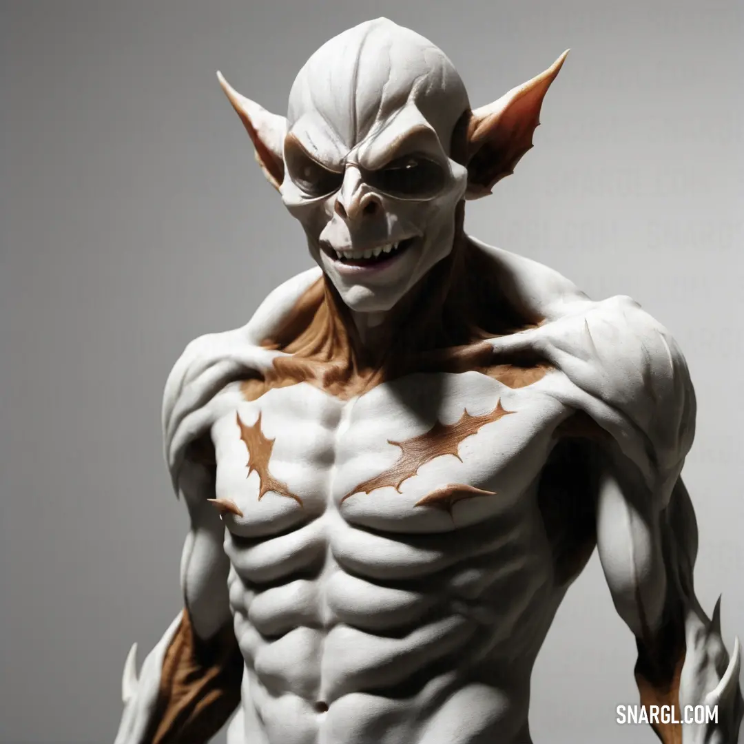 Statue of a man with a demon face and body painted white and brown with a large. Color NCS S 4020-Y50R.