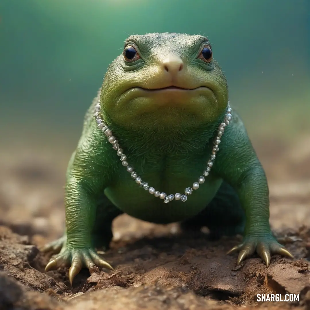 A whimsical green frog adorned with a pearl necklace, lounging on a sunlit rock. Its vibrant colors contrast beautifully with a soft, blurry background, creating an enchanting atmosphere.