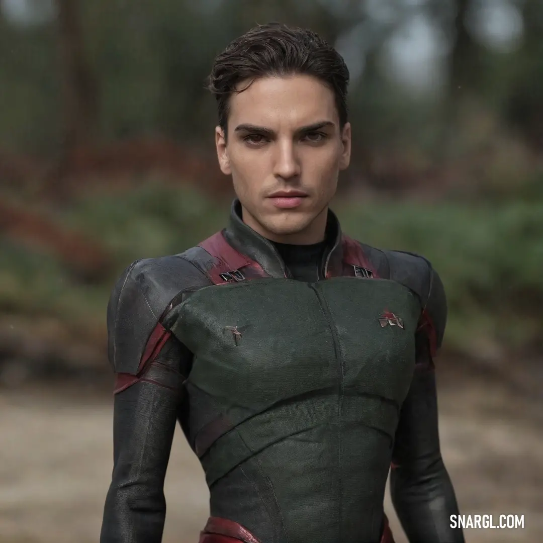 A confident man dressed in a striking black and red suit stands amidst tall trees in a serene forest, exuding an aura of strength and style against a backdrop of vibrant nature.