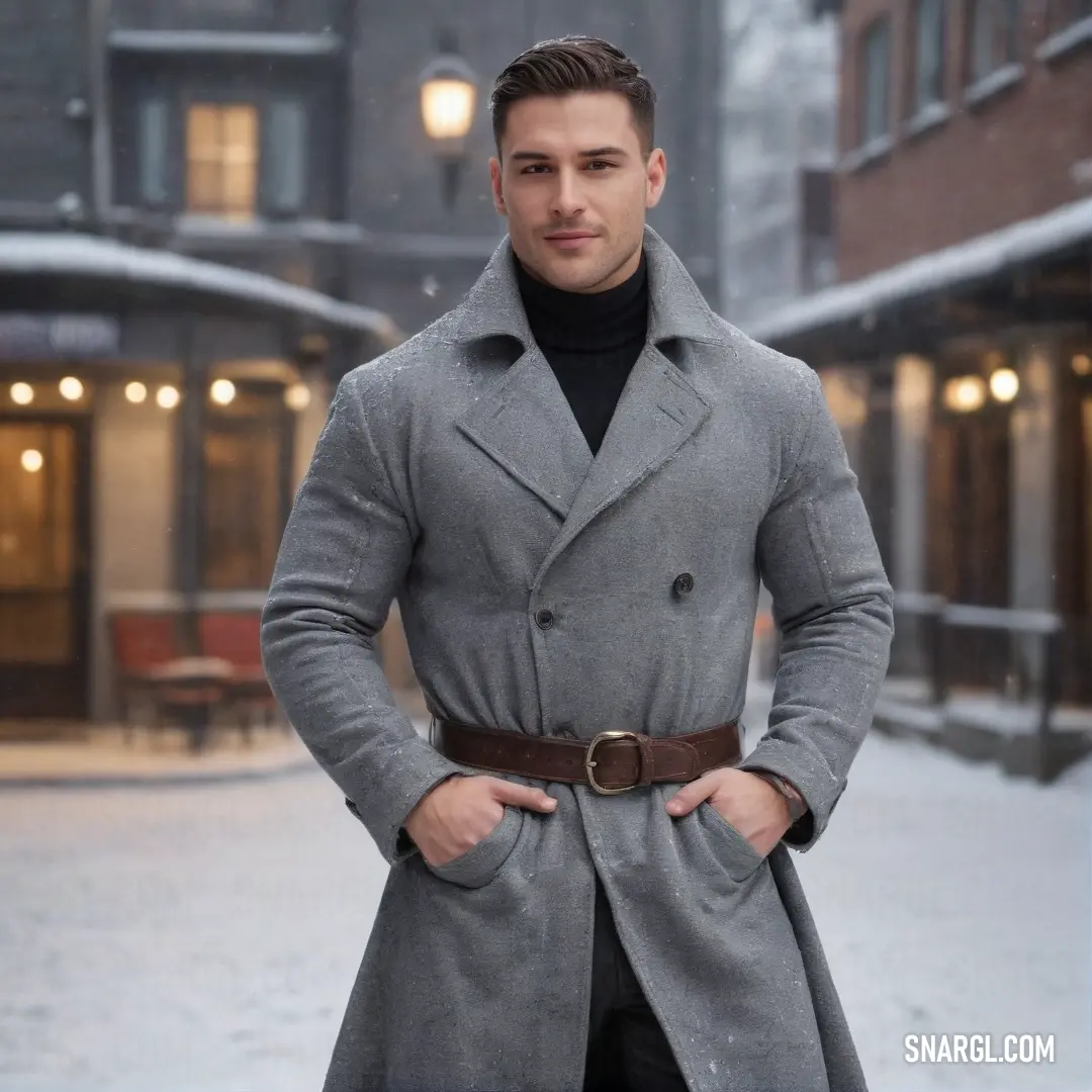 A determined man clad in a fashionable coat stands resolutely in a snowy city street, hands on hips, embodying a sense of strength and resilience amid the winter wonderland around him.