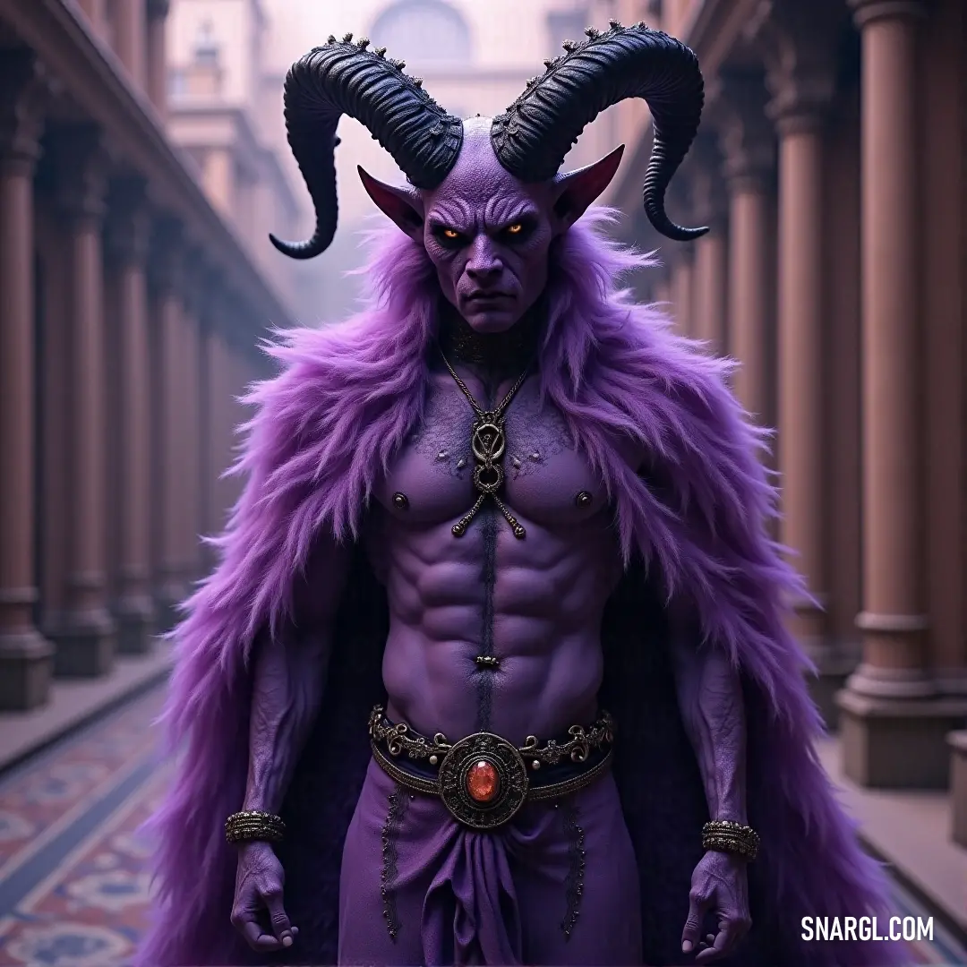 A striking man donned in a vibrant purple costume with horned embellishments, accentuated by a distinctive red button, stands poised in a captivating pose, exuding confidence and flair.