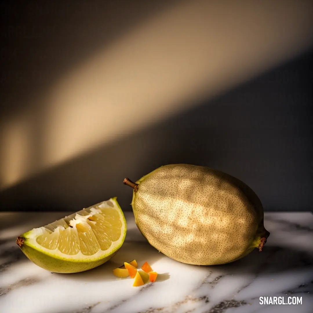 A lemon and a lime slice rest on a cool marble countertop, their bright colors contrasting against the soft shadows of the wall behind them. The light streaming across the floor creates a serene atmosphere of freshness and simplicity.