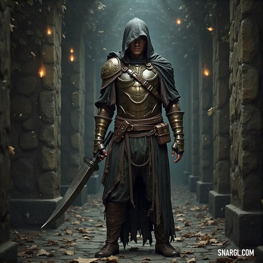 A mysterious man holding a gleaming sword stands in a shadowy tunnel, surrounded by stone walls and autumn leaves on the ground. The ambiance is thick with intrigue and adventure, echoing tales of brave warriors.