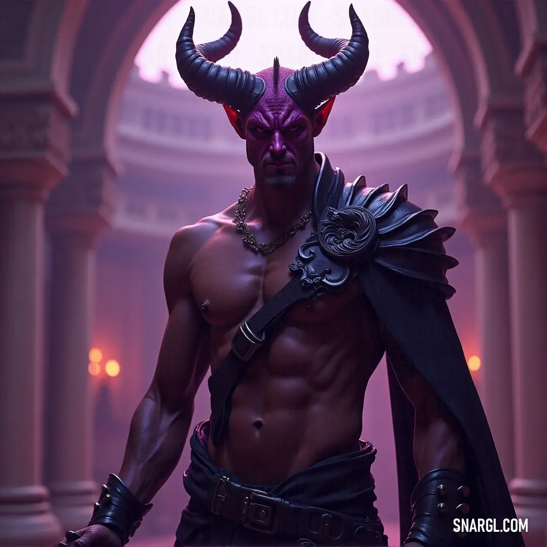 An imposing figure of a man dressed in elaborate garments, complete with horns and a striking cape, stands before grand columns and arches. The rich colors and dramatic setting bring tales of heroism to life.