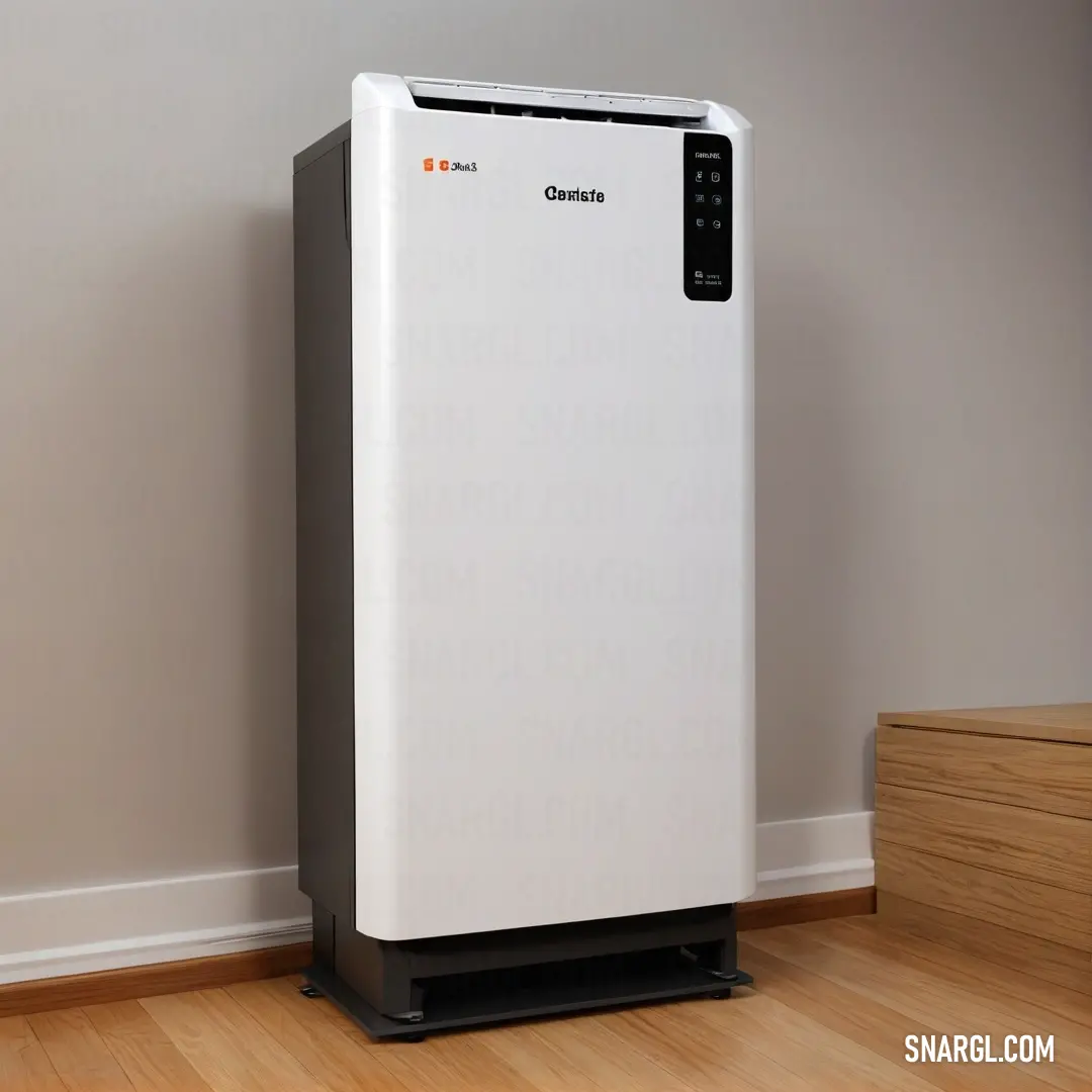 A pristine white air purifier perched gracefully on a wooden floor, its minimalist design creating a serene environment against a subtly textured wall.