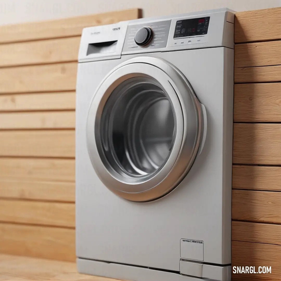 An elegantly positioned washing machine proudly perched atop a rustic wooden shelf, contrasted against a wall adorned with classic wooden paneling, showcasing a harmonious blend of practicality and rustic charm.