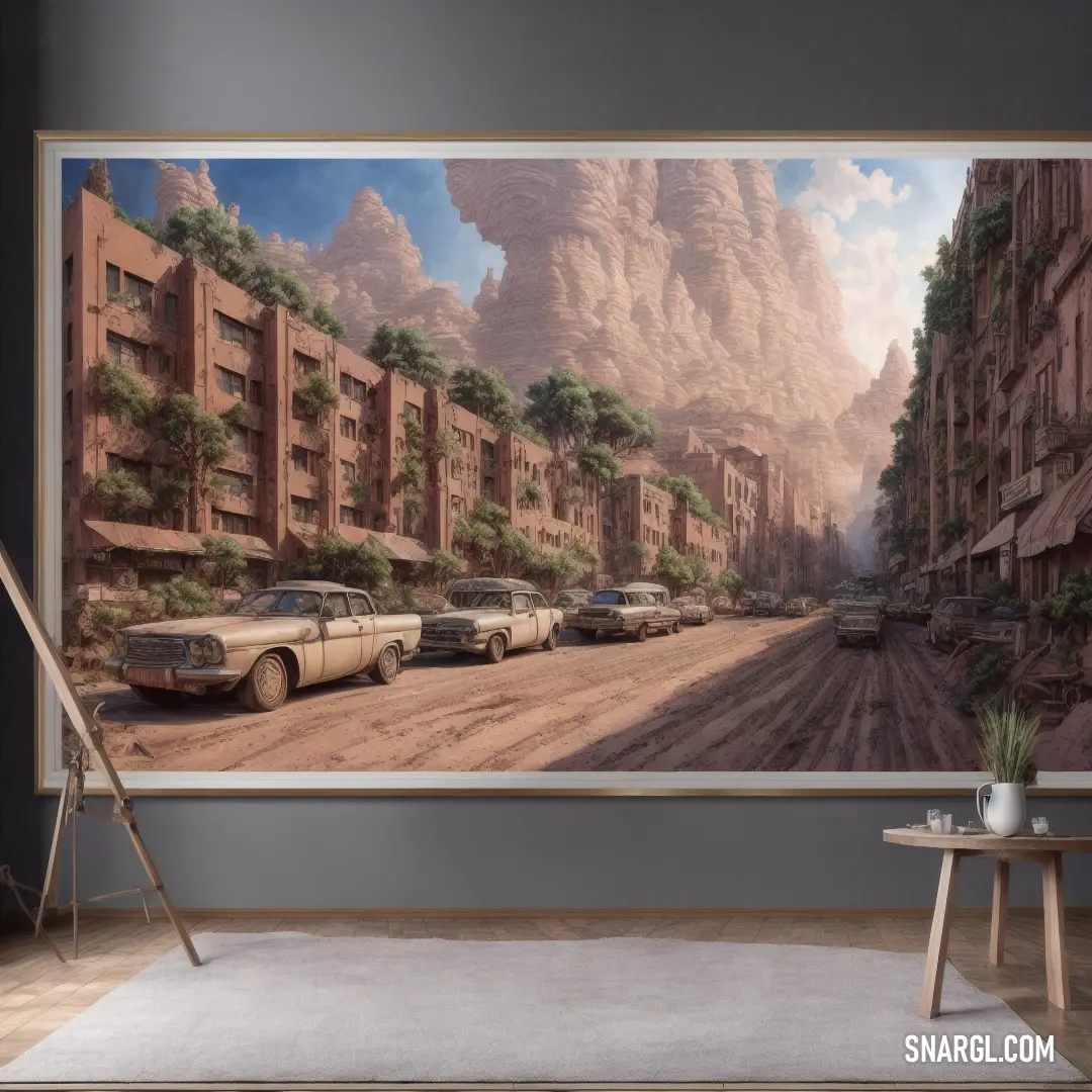 Painting of a city street with cars parked on the side of the road and a mountain in the background. Example of NCS S 4020-Y90R color.