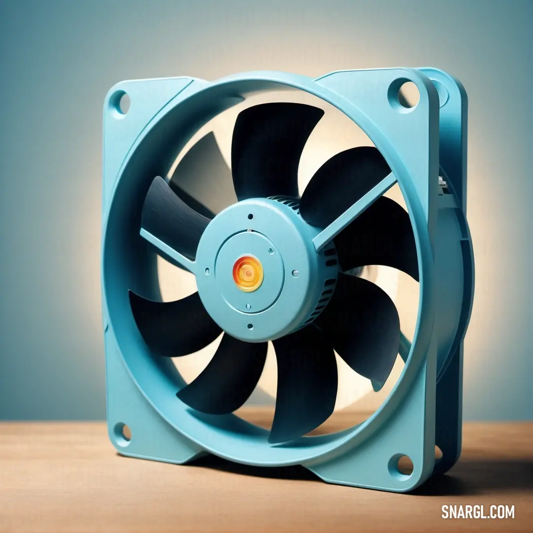 NCS S 4030-B10G color example: Blue fan on top of a wooden table next to a wall mounted light fixture