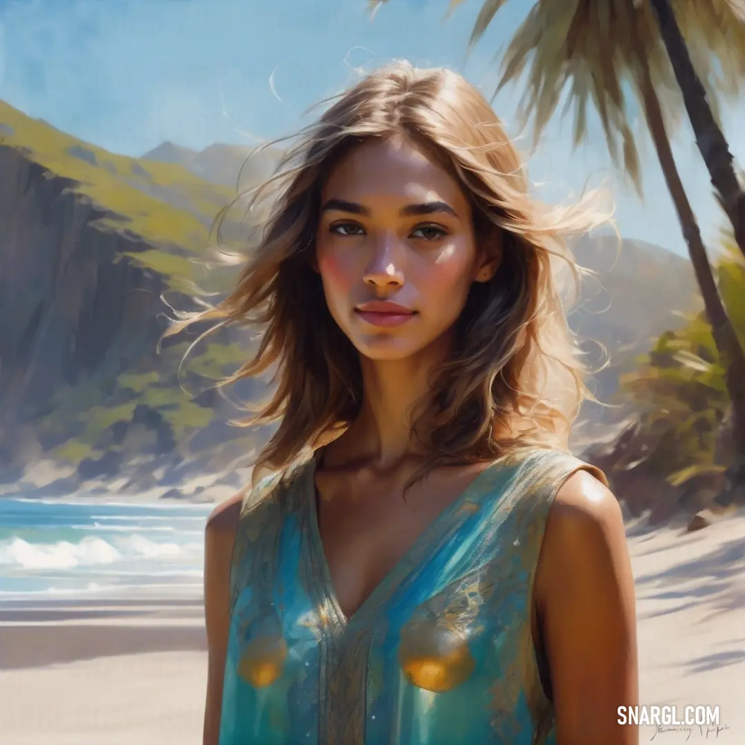 NCS S 4030-B10G color. Painting of a woman on a beach with a palm tree in the background