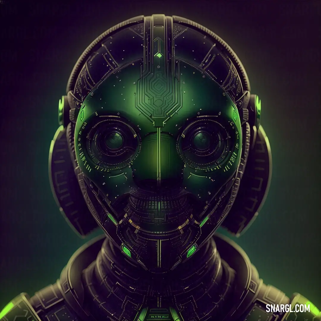 Digital painting of a robot with a green light on his face and a black background. Example of NCS S 4030-G10Y color.
