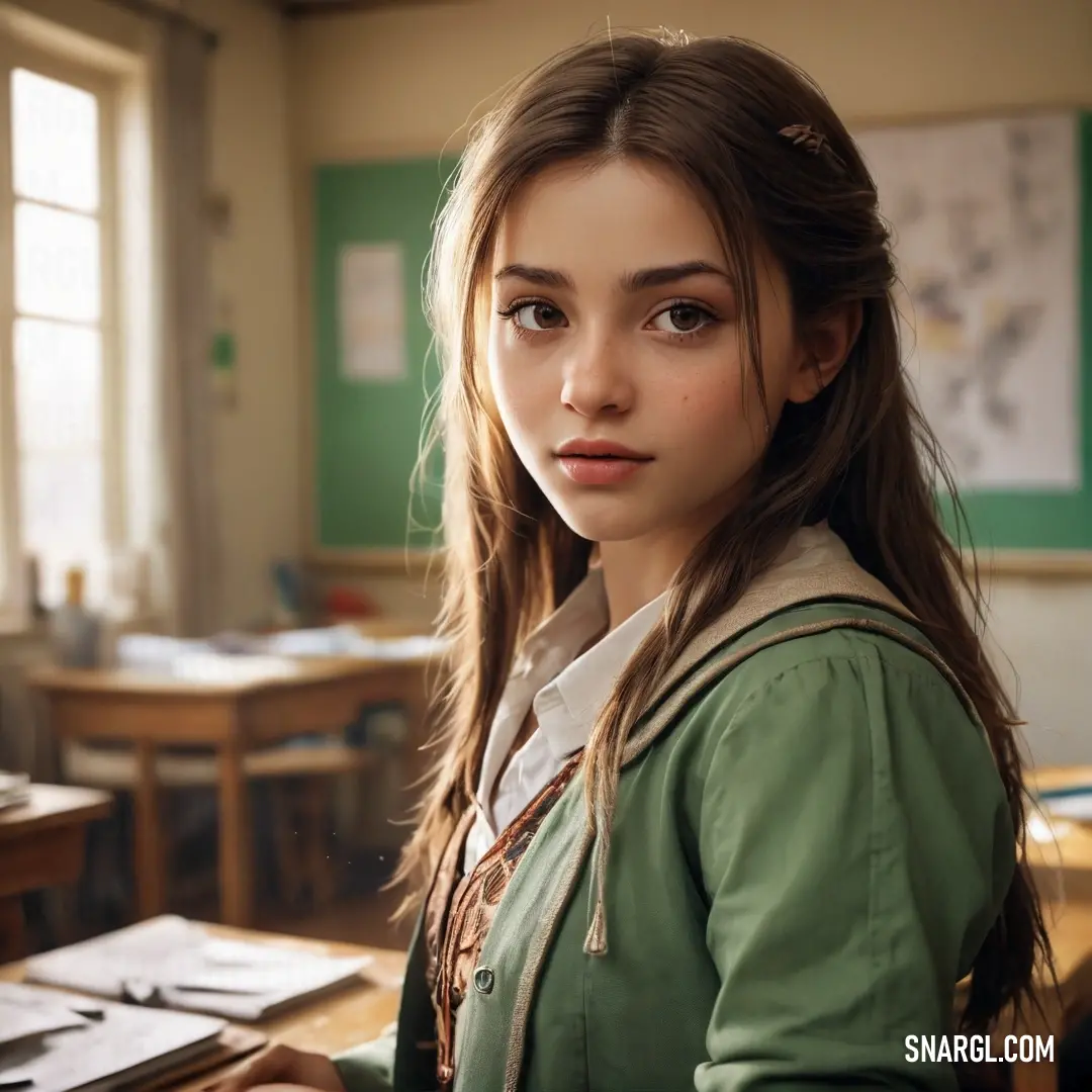 NCS S 4030-G10Y color. Girl is at a desk in a classroom with a green jacket on