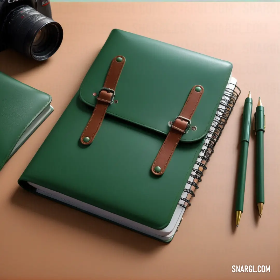 Green notebook with a leather strap and a camera and pen on a table next to it and a pair of glasses. Example of RGB 64,121,77 color.