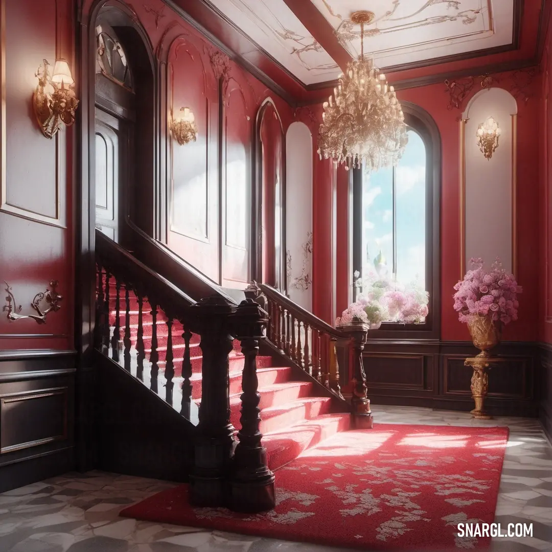 NCS S 4030-R color example: Red room with a staircase and chandelier and a vase of flowers on the floor and a red rug