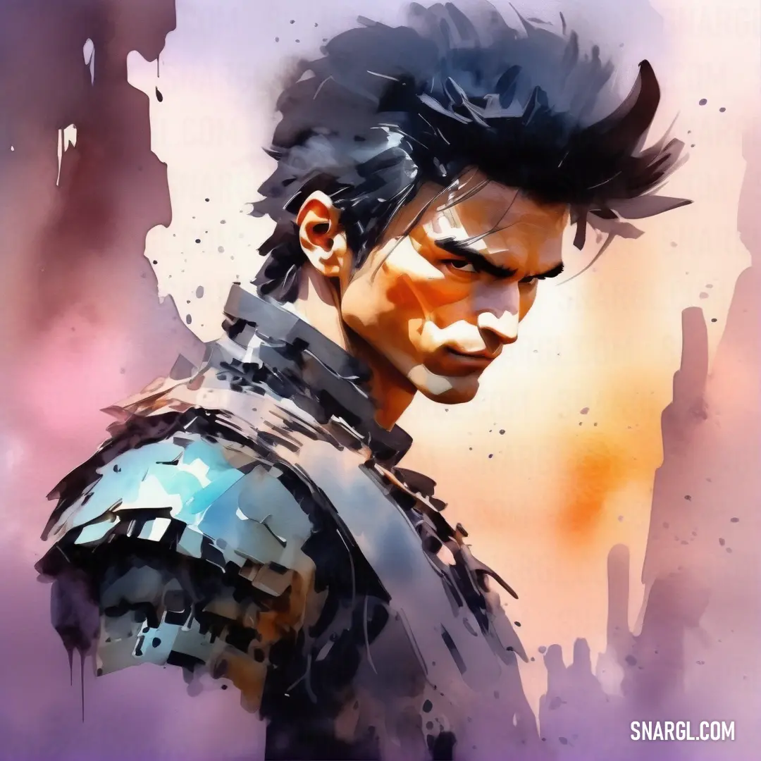 Digital painting of a man with a mohawk and a suit of armor on his body and shoulders. Color CMYK 0,60,15,50.