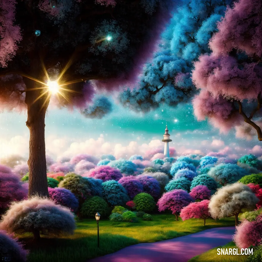 Painting of a park with a lighthouse in the distance and trees in the foreground. Example of CMYK 0,60,15,50 color.