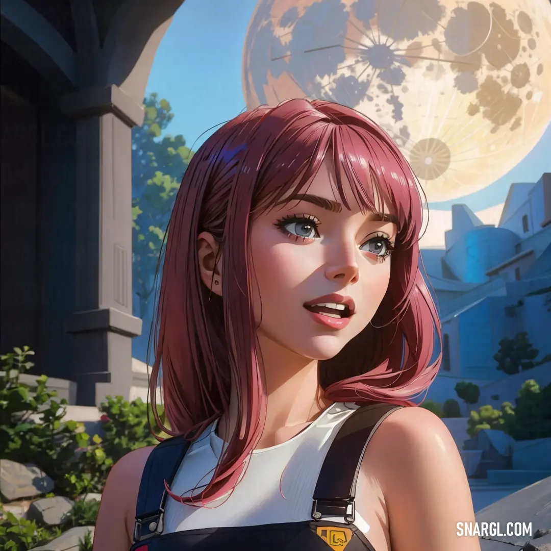 Woman with pink hair and a white top standing in front of a building with a giant moon in the background. Example of RGB 132,71,90 color.