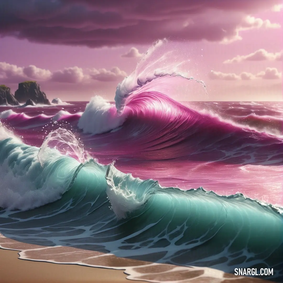 Painting of a wave crashing on the beach with a pink sky in the background. Color RGB 132,73,102.
