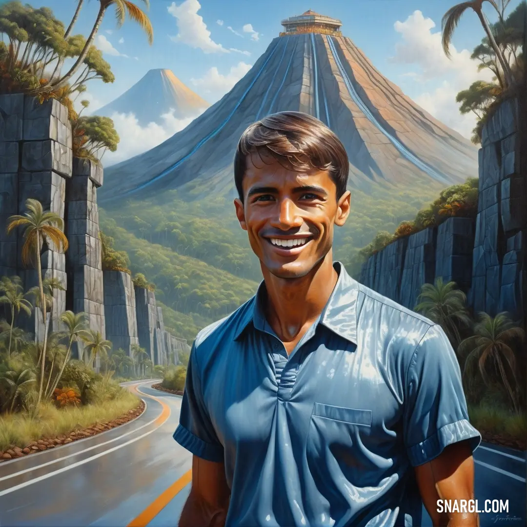 Painting of a man smiling in front of a mountain with a road. Example of NCS S 4030-R90B color.