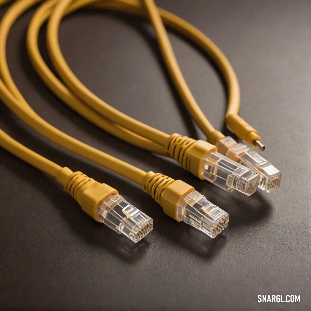 An intriguing composition of two yellow wires casually laid next to each other on a sleek black table surface. The vibrant colors and textures create a striking image that speaks to the world of electrical connectivity.