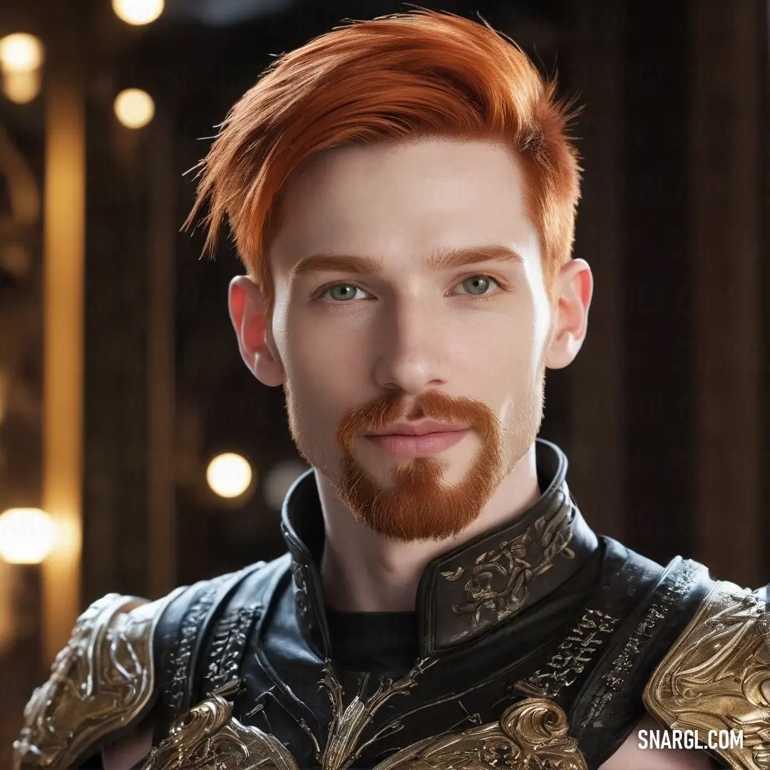 A formidable man with an intricate beard and a striking beard ring, clad in armor, stands resiliently against a detailed backdrop, exuding strength and power.