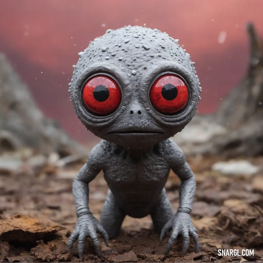 A charming close-up of a toy with glowing red eyes and a frog-like body, featuring distinctive black legs and nose. This delightful character exudes curiosity and a sense of adventure, characterized by the color NCS S 4030-Y.