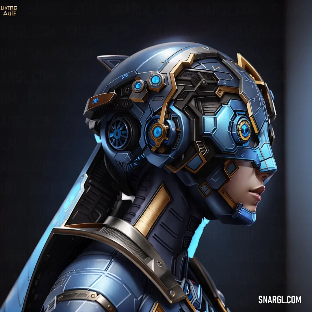 A futuristic woman with a sleek helmet and high-tech gear stands confidently, ready for action. Her sci-fi appearance contrasts with the deep, earthy RGB 147,121,46 color that surrounds her, emphasizing her preparedness for anything.