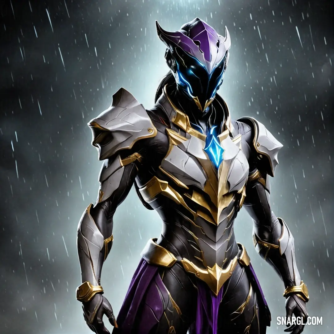 A determined man in a sharp suit, gripping a sword in one hand while adorned with a helmet, stands confidently in the rain, radiating valor.