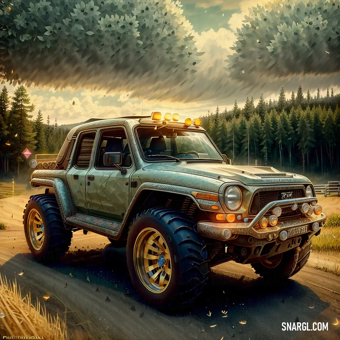 A vibrant painting captures a truck kicking up dust as it drives down a dirt road, surrounded by trees and a natural landscape. The colors of NCS S 4030-Y infuse the scene with a rich, earthy warmth, bringing the outdoor journey to life.