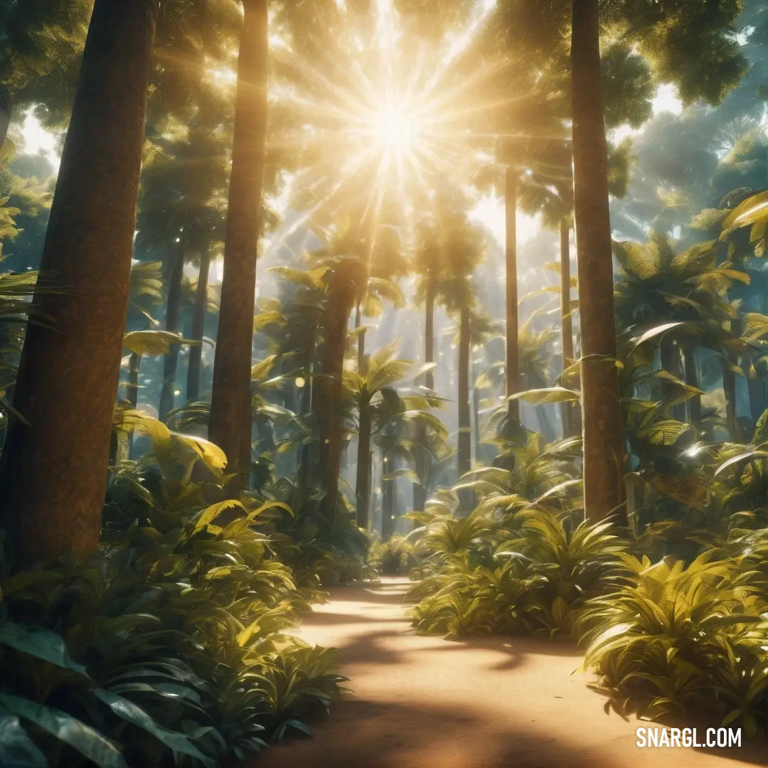 NCS S 4030-Y color example: Path through a forest with palm trees and sun shining through the trees on the side of the path
