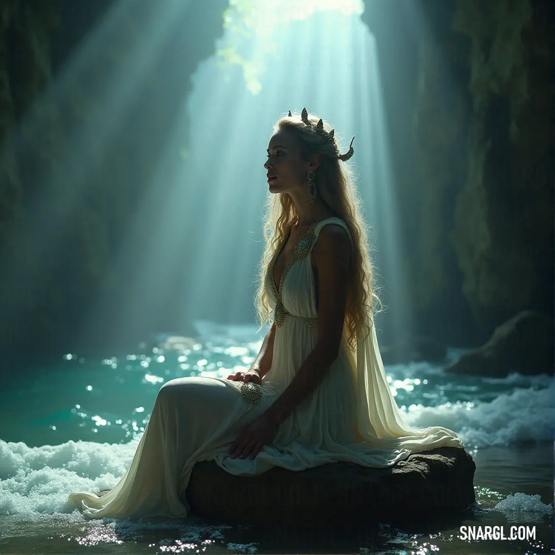 A woman exudes a sense of ethereal grace as she stands on a rock, a crown resting atop her head. A ray of sunlight pierces the misty atmosphere, illuminating her figure, merging the elements of elegance and nature in this stunning scene.