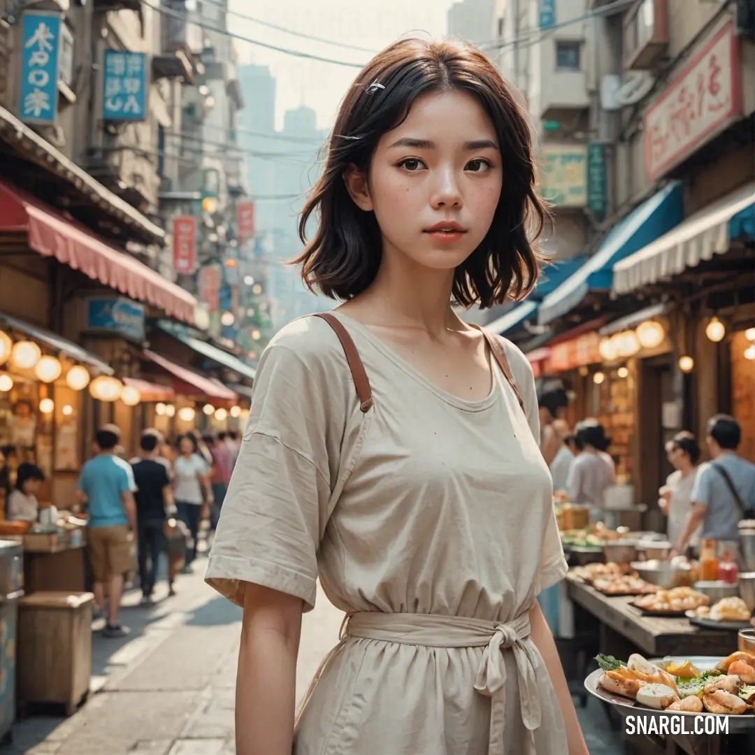 A woman stands at a bustling city street food stand, surrounded by people walking past. The urban environment hums with activity, while the subtle hue of #93792E ties the scene together, evoking warmth and everyday charm.