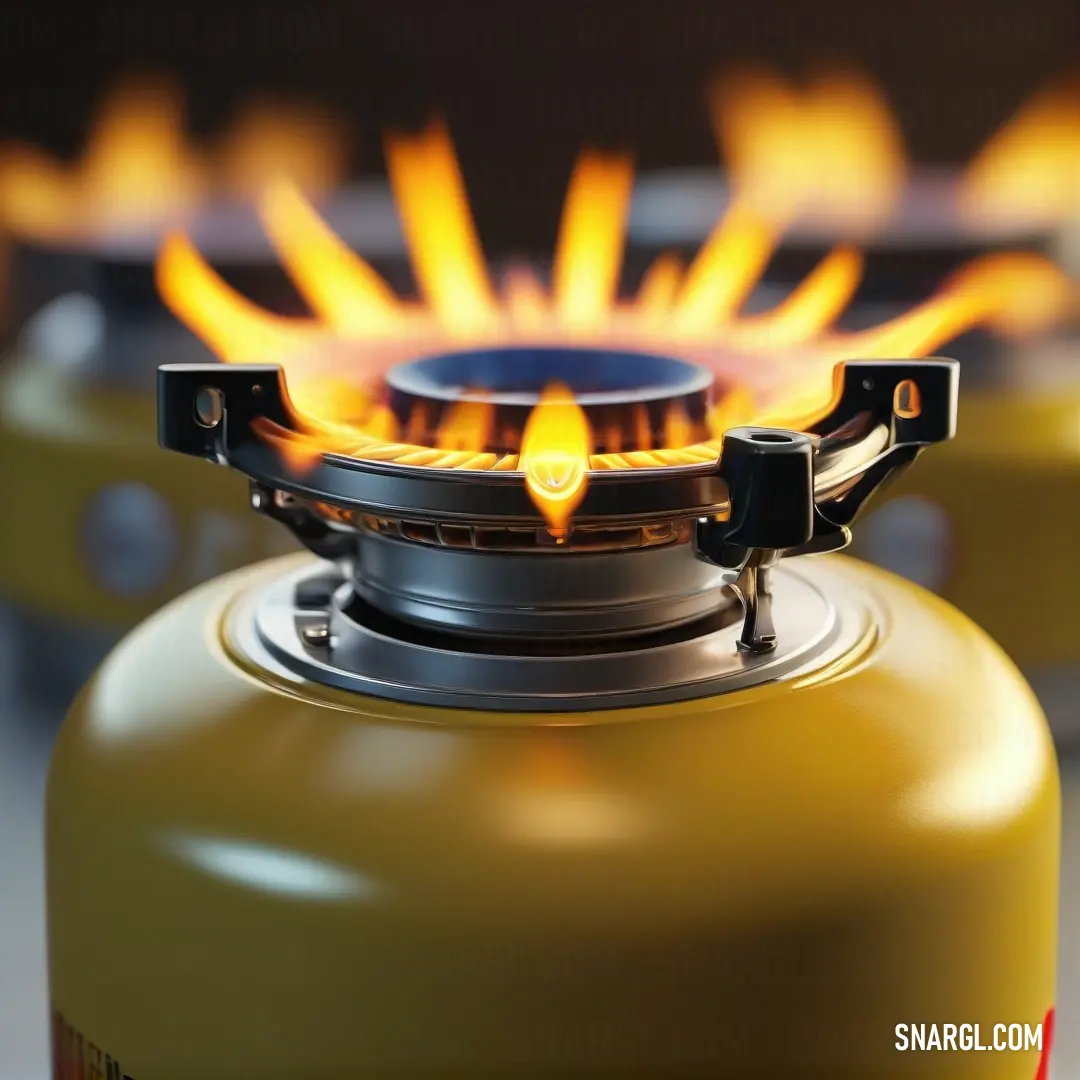 A striking image of a yellow gas canister with vivid flames emerging from its top, contrasted by a sleek black lid. This dynamic shot evokes a sense of caution and excitement, pertinent to the storage of flammable materials.