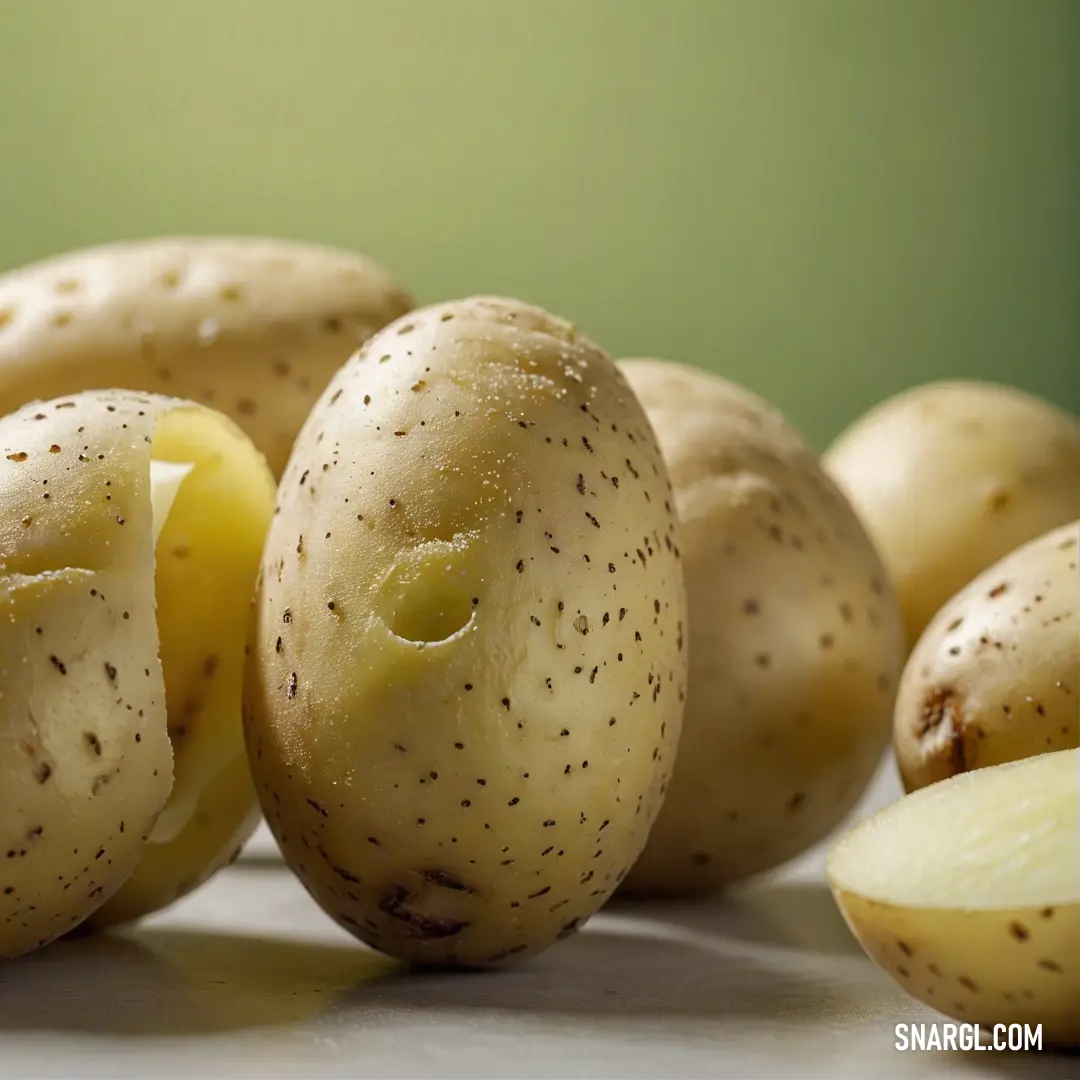 A charming arrangement showcasing a pile of potatoes, one of which has a bite taken out of it, set against a blurred backdrop of more whole potatoes. The image offers a delightful perspective on a staple food item of home cooking.