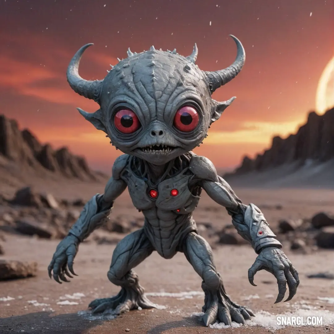 A small, mystical creature with vibrant red eyes stands amidst a stark, sunlit desert landscape, its curious form juxtaposed against a distant, majestic mountain that looms under an infinite blue sky.