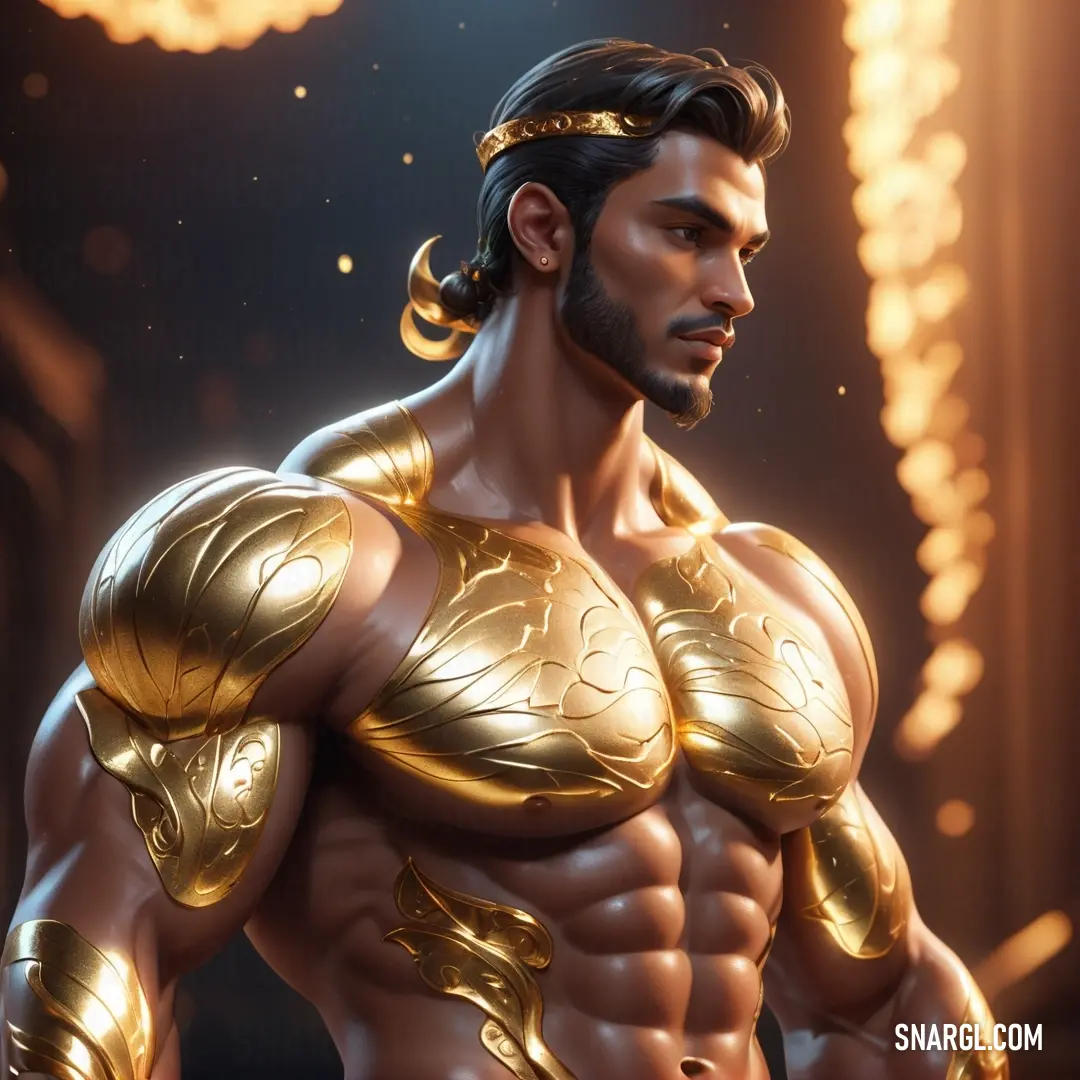 Man with a gold body and gold armor on his chest. Color NCS S 4030-Y10R.