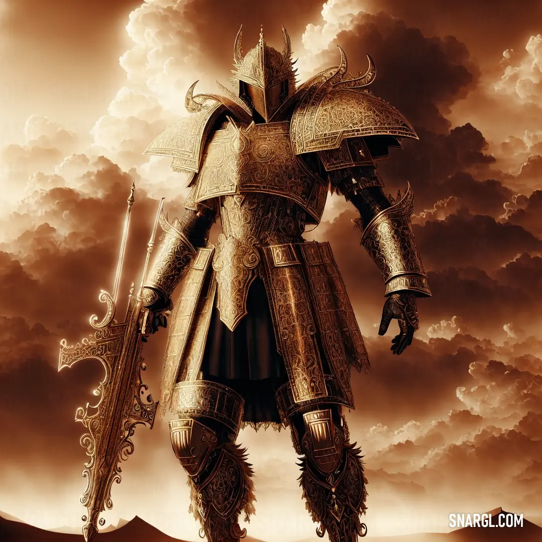 NCS S 4030-Y20R color example: Knight in armor with a sword in his hand standing in a desert landscape with clouds in the background