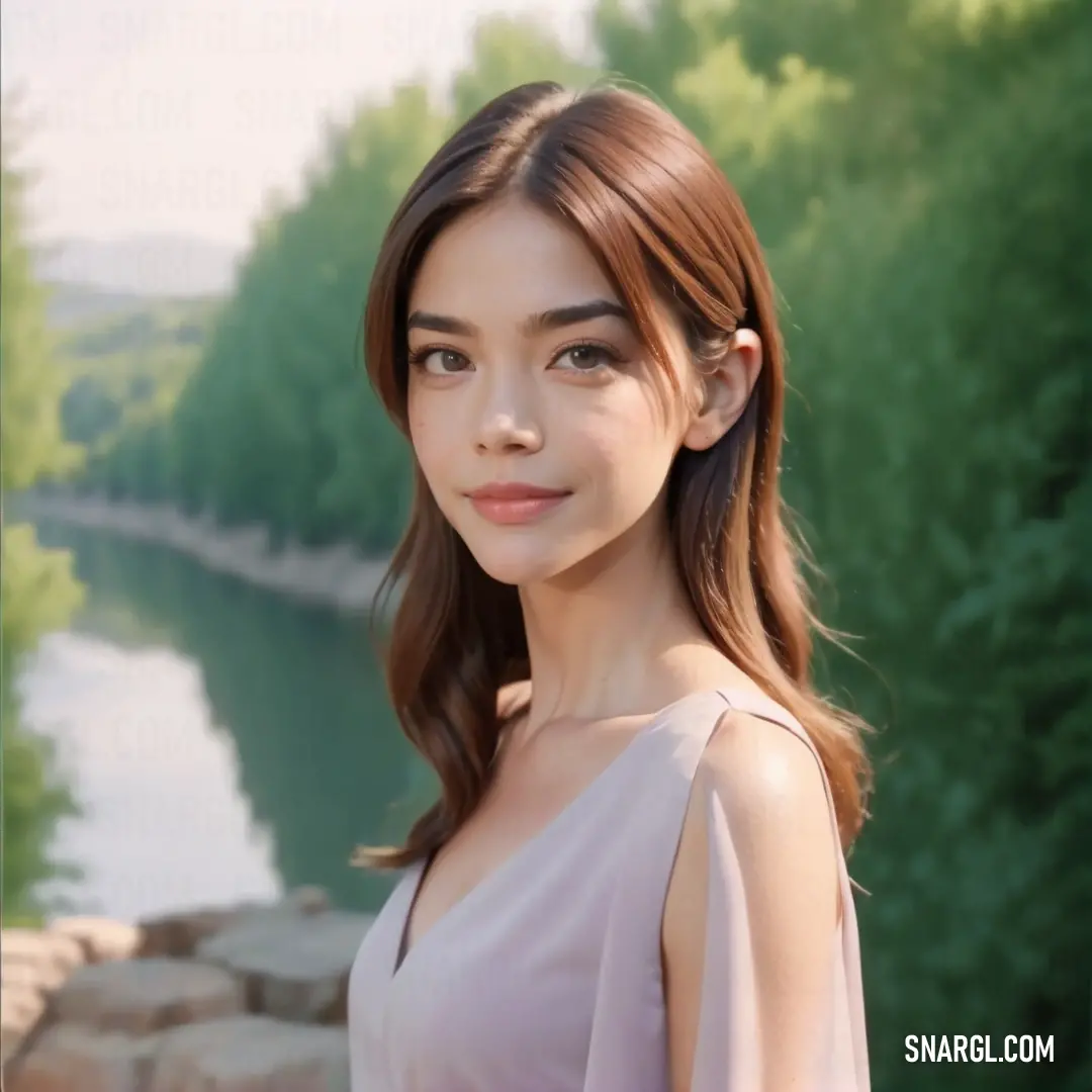 Woman with long hair and a pink dress posing for a picture in front of a river and trees. Color #9A6D37.
