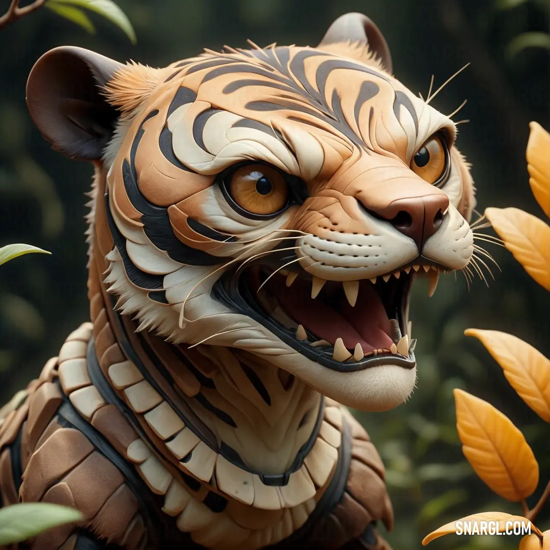 NCS S 4030-Y30R color example: Close up of a fake tiger with a mouth open and teeth wide open, with leaves in the background