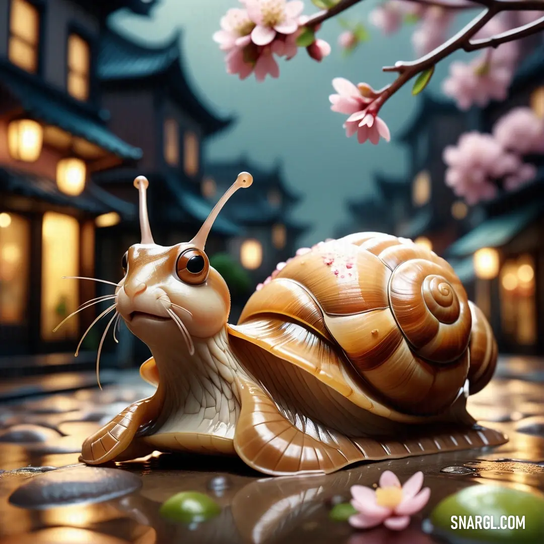 NCS S 4030-Y30R color example: Snail statue on top of a tiled floor next to a tree with pink flowers in the background