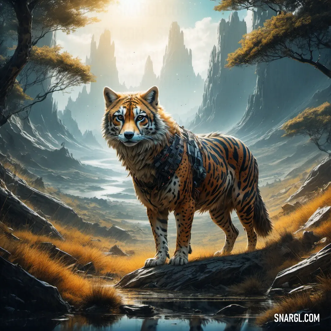 NCS S 4030-Y30R color example: Tiger standing on a rock in a forest with a lake in the foreground and mountains in the background
