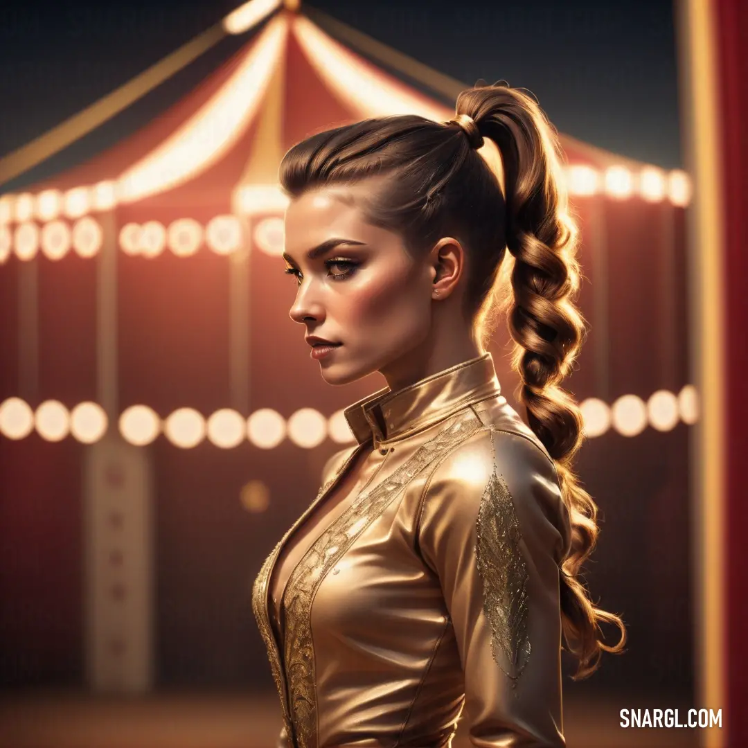 Woman with a ponytail in a gold outfit in front of a circus tent at night with lights on. Color #A26837.