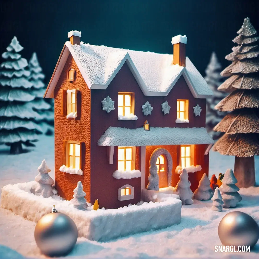 Christmas scene with a house and trees in the snow with lights on the windows and snow on the ground. Example of RGB 159,93,52 color.