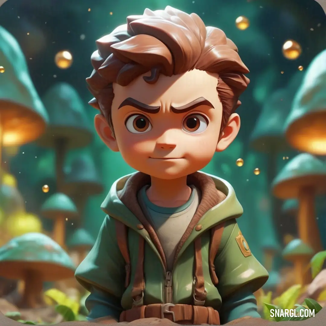 Boy in a green jacket standing in front of a forest with mushrooms and mushrooms on it's sides. Example of CMYK 0,58,65,35 color.
