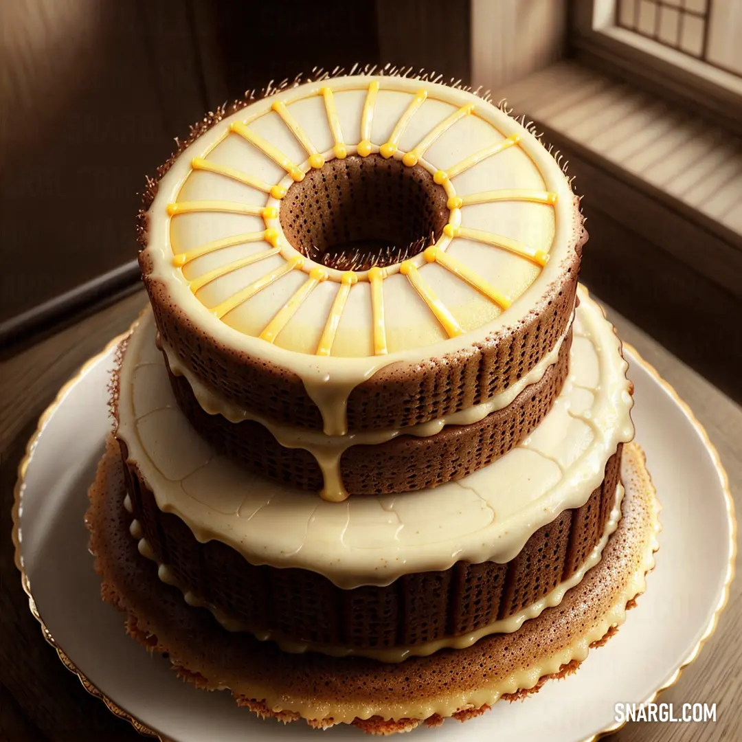 NCS S 4030-Y50R color. Three layer cake with a white frosting and yellow decoration on top of it on a plate on a table